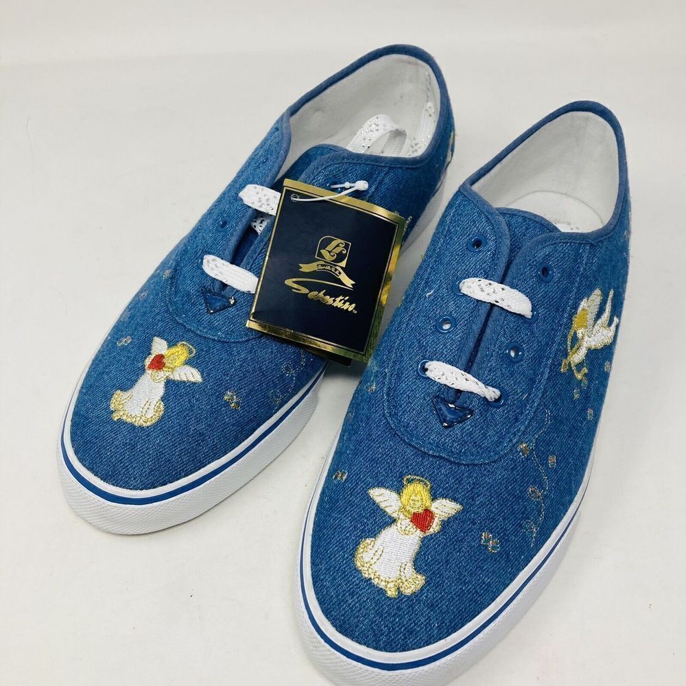 Women's Blue Denim Angel Embroidered Slip-On Flats